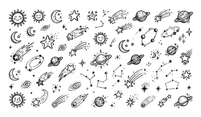 Hand drawn celestial doodle planets stars and comet line art vector set © Md Monirul