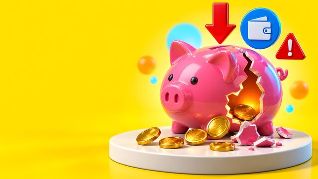 Financial Warning Alert Concept Showing Cracked Piggy Bank with Downward Arrow and Wallet Icons on Yellow Background