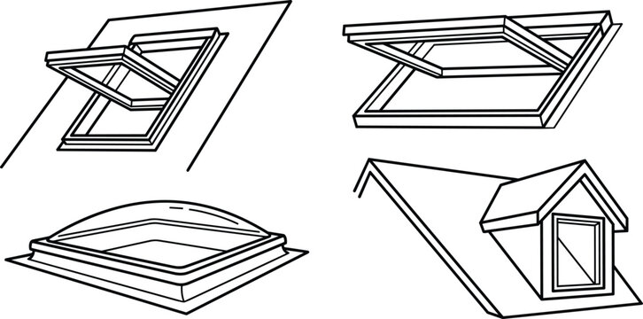 Architectural roof window line icon collection including skylight dormer frame and open attic ventilation structures for house construction vector