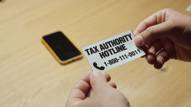 Person holding a tax authority hotline card next to a smartphone, representing tax assistance, financial guidance, taxpayer support and telephone consultation.