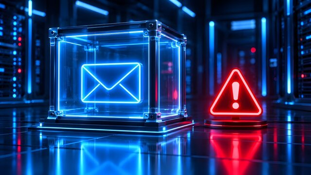 Secure digital email communication blocked by a red warning sign representing phishing threat and cybersecurity alert in a server data center