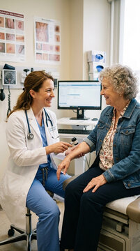 Doctor examining elderly patients reflexes with reflex hammer in a medical examination room