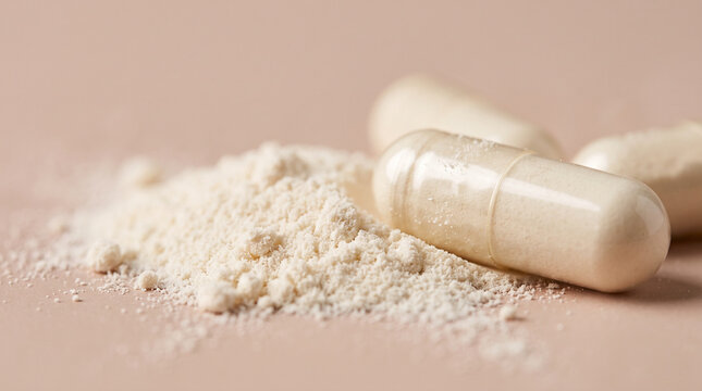 Minimalist dietary supplement capsules with powder pile, collagen protein powder and pills for health wellness branding, close up