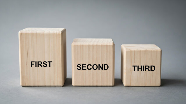 Three wooden blocks of decreasing size labeled first second and third arranged in a row with heights aligned horizontally labels indicating sequence different heights