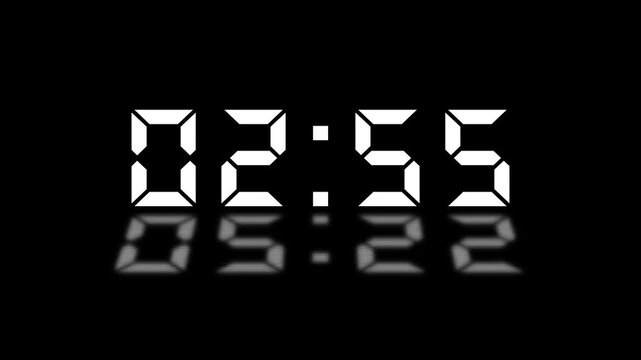 Digital LED Countdown Timer from Three Minutes to Two Minutes with Reflective White Numerals on Black Background, Educational Presentation Motion Graphic