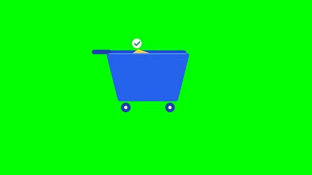 Flat style shopping cart icon animation showing a product package entering the cart from above, triggering a physical compression, and extending a successful checkout confirmation badge upwards. Isola