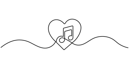 Obraz premium Music heart continuous line art with musical notes and editable stroke minimalist vector illustration
