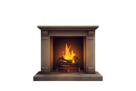 Refined brown traditional wooden mantel with burning fire for visual layouts