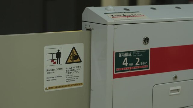 Half height platform screen gate at a Japanese railway stop, with bilingual caution stickers about trapped hands and a boarding position marker for the fourth car.