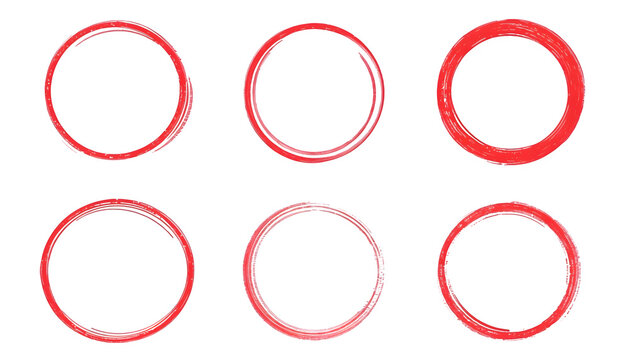 Hand drawn red line brush oval set. Hand drawn line brush pencil oval red color doodle marker chalk pen. Round circle underline frame check sign bubble texture background.