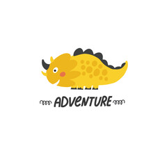 Cute yellow triceratops dinosaur character with adventure typography below. Vector illustration suitable for kids apparel, nursery wall art, children book illustrations, and stickers. © oleksanna