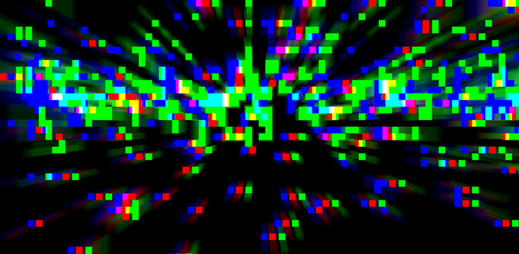 Dynamic digital pixel explosion with green and blue rgb light streaks radiating from center for tech backgrounds.