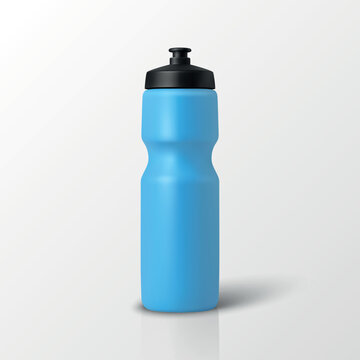 Blue Sports Bottle, 3d Vector Illustration. Blank Blue Water Bottle Mockup. Plastic Fitness Bottle with Black Cap for Gym, Workout, Running, Cycling, Hydration, Sport Equipment Design