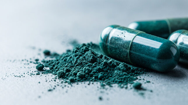 Spirulina powder with green supplement capsules, organic chlorella superfood powder and dietary pills, herbal health medicine concept