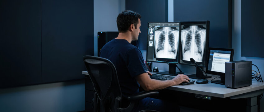 Radiologist reviews large language model beside chest x ray images