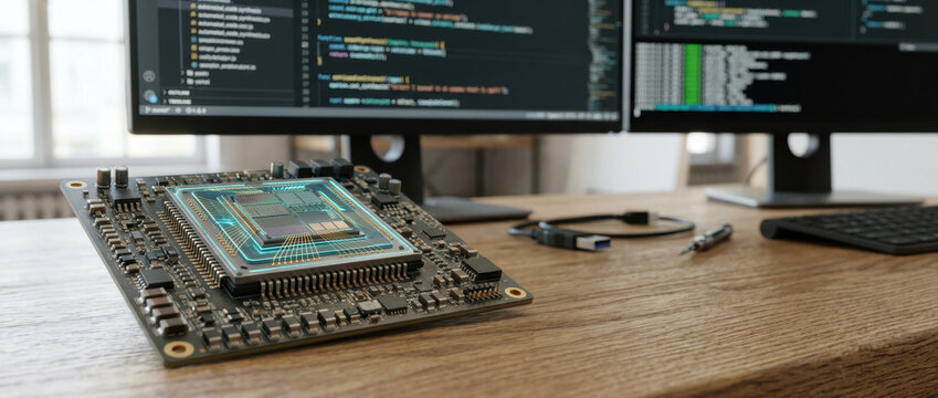 Large language model development displayed on processor board beside computer code