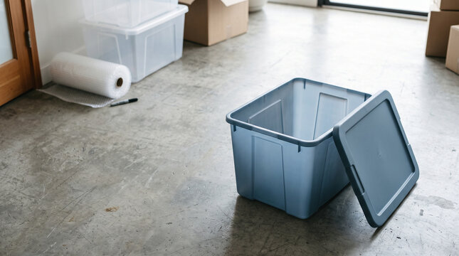 Plastic storage container on concrete floor, open blue plastic tote box for moving house, organized packing supplies for room relocation