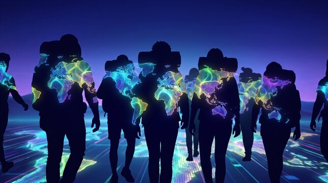 Silhouettes representing talented professionals migrating globally, with colorful world maps positioned, illustrating talent mobility, globalization, international workforce etc