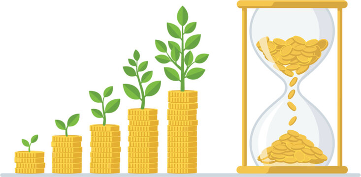 Time is money financial concept with green plant sprouts growing on stacks of gold coins next to a classic hourglass flat vector illustration