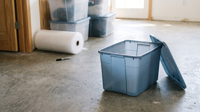Plastic storage bin on concrete floor, open blue tote container for moving day, bubble wrap roll and packing supplies for home organization