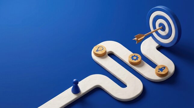 Business strategy pathway leading to target success with icons for idea execution growth and launch
