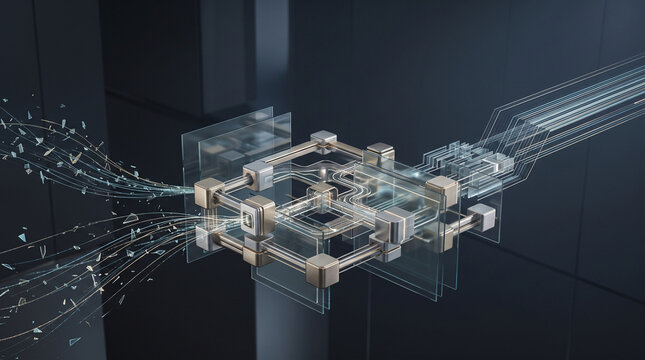 Futuristic transparent glass cube structure with golden connectors and light data streams entering from the left, blockchain technology, data security and digital infrastructure concept with copy spac