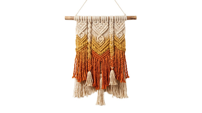 Bohemian macrame wall hanging, ombre woven cotton tapestry, handmade boho home decor art isolated on white background