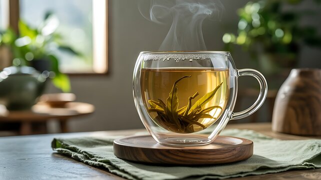 Clear glass mug with blooming herbal tea leaves sitting on a wooden coaster on a table