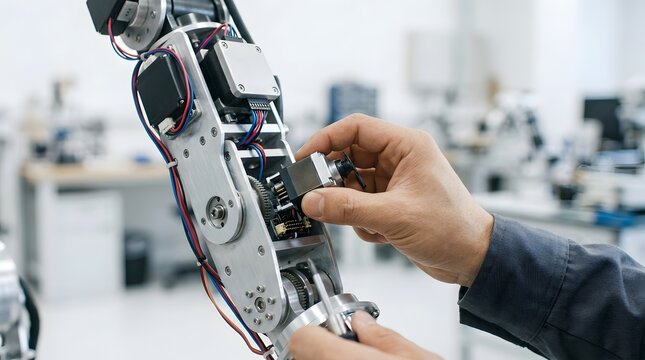 Professional Technician Hands Repairing and Removing a Servo Motor from a High-Tech Robotic Arm in a Modern Engineering Laboratory, Focusing on Precision Maintenance and Mechanical Assembly.