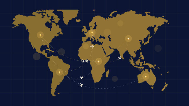 Golden world map graphic featuring international flight routes and destinations