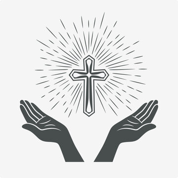 Black and White Open Hands Silhouette with Cross and Rays, Vector Illustration. Symbol of Faith and Prayer. Design Template for Church Logo. Prayer, Religion Concept. Monochrome Cut Out Icon