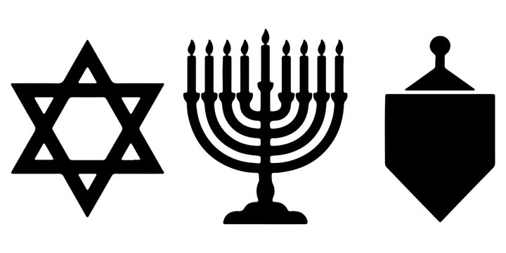 Set of jewish holiday symbols in black silhouette including star of david menorah and dreidel with jewish culture jewish heritage hanukkah symbols religious icons hanukkah religion religious