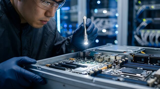 Professional IT technician wearing safety glasses and protective gloves uses a flashlight to carefully inspect a computer motherboard and hardware components in a modern data center room.