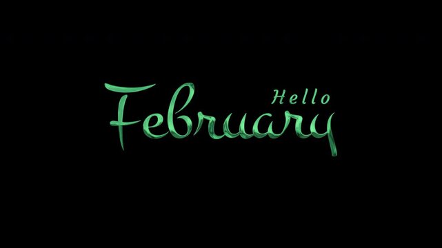 Green stylized script text hello february message on black background, elegant artistic graphic design suitable for februarythemed marketing materials.