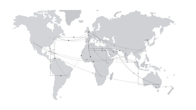 Global flight routes connecting international destinations across world map