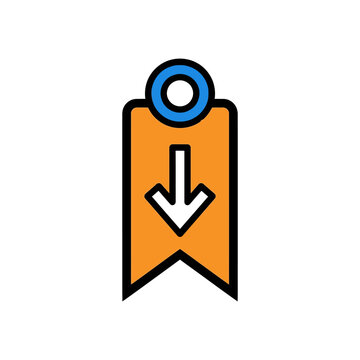 Orange price tag with white downward arrow icon.
