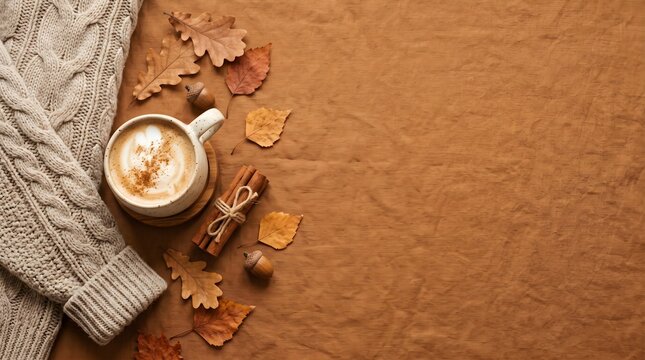 Warm cup of coffee with cinnamon and autumn leaves on a soft textured background cinnamon beverage seasonal caffeine lifestyle refreshment