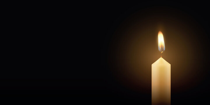 Candle Light, Vector Illustration. Realistic Burning Flame on Horizontal Dark Background. Memorial and Sympathy Card Template with Yellow Candle. Spiritual, Calm Design For Remembrance, Condolence