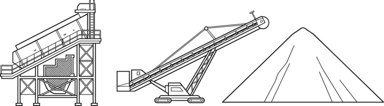 Heavy mining quarry industrial machinery line art set featuring material sifter screen aggregate conveyor belt pile vector.