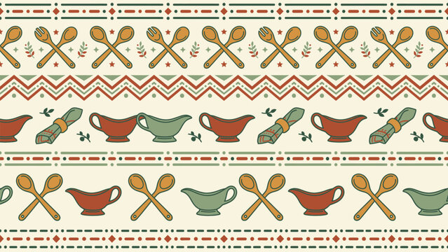 Decorative festive pattern with kitchen utensils and holiday motifs