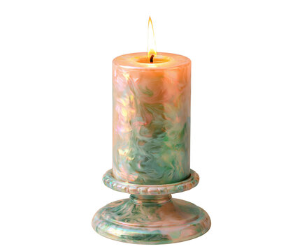 A lit candle on a holder, isolated on transparent background