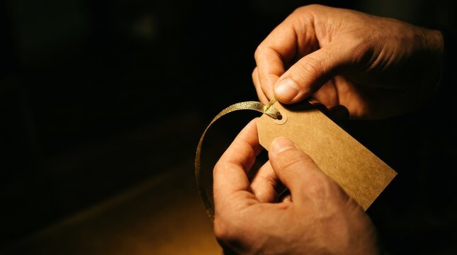 Close-up of a person holding a blank brown paper luggage tag with a string in a dimly lit room