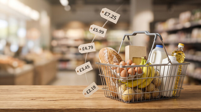 Shopping basket with bread, eggs, bananas, milk and oil on wooden counter with floating price tags, grocery prices, cost of living and inflation concept with copy space