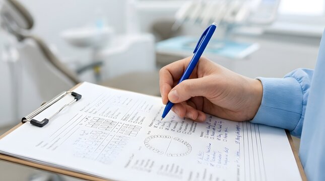 Close-up of a professional dental hygienist or dentist hand writing patient notes and filling out a medical tooth chart on a clipboard in a modern clinical dental office background.