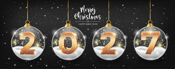 Christmas balls Realistic glass baubles with snow gold 2027 black background Merry Christmas and Happy New Year 3d xmas tree decoration transparent sphere modern design card poster banner social media © EvgeniiasArt