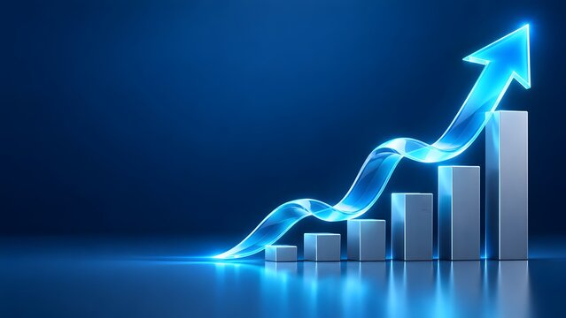 Dynamic transparent glowing blue arrow sweeping upward over metallic blocks showcasing rapid financial progress and modern corporate innovation.