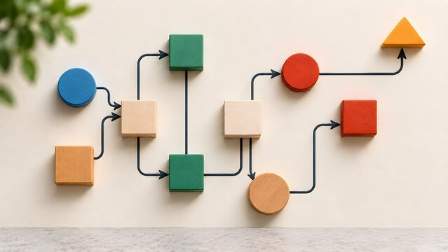 Abstract process flowchart constructed from colorful geometric wooden blocks and arrows displaying structured organizational logic and complex decision mapping.