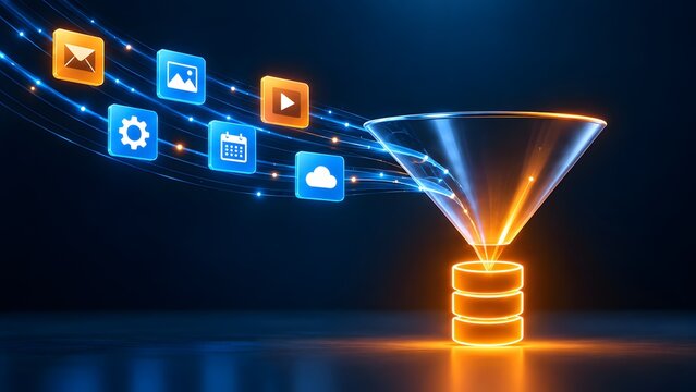 Transparent digital funnel filtering various application icons into a glowing database storage cylinder showcasing integrated data collection and processing.