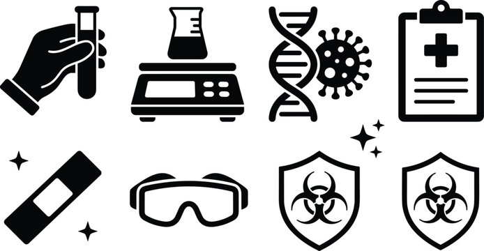 Medical science laboratory solid icon set featuring hand holding test tube digital scale dna helix and biohazard shields vector.
