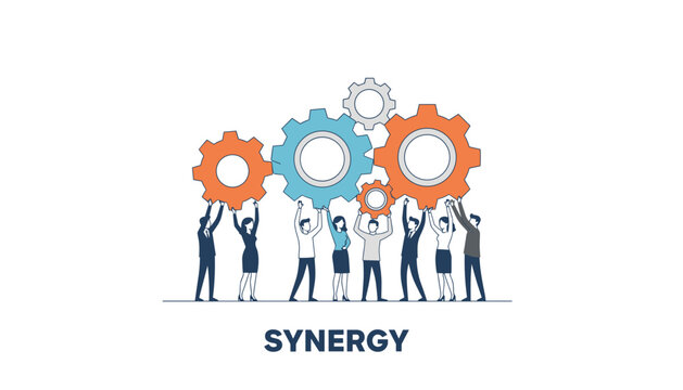 Collaborative group of business people working together to align large colorful gears under a bold heading that says synergy.